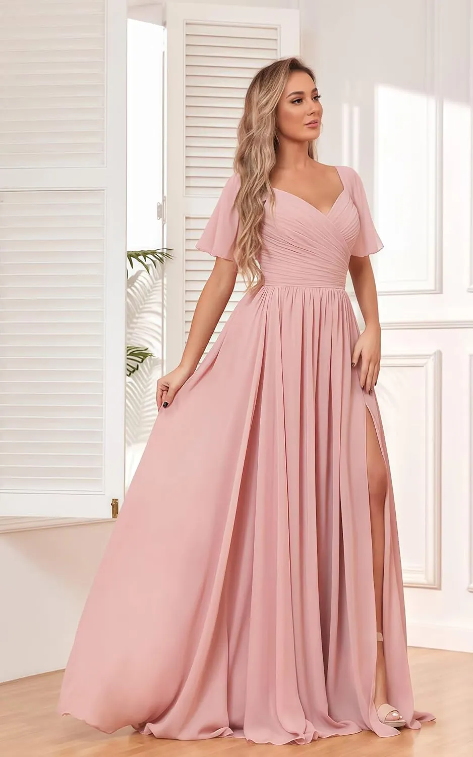 Women's Chiffon Flutter Sleeve Bridesmaid Dress Long with Slit V-Neck Pleated Formal Evening Party Gowns