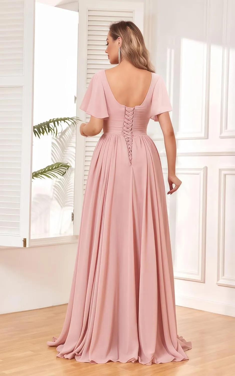 Women's Chiffon Flutter Sleeve Bridesmaid Dress Long with Slit V-Neck Pleated Formal Evening Party Gowns