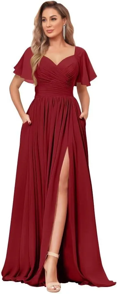 Women's Chiffon Flutter Sleeve Bridesmaid Dress Long with Slit V-Neck Pleated Formal Evening Party Gowns
