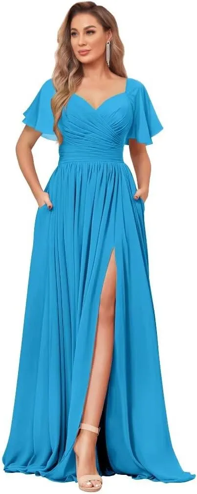 Women's Chiffon Flutter Sleeve Bridesmaid Dress Long with Slit V-Neck Pleated Formal Evening Party Gowns