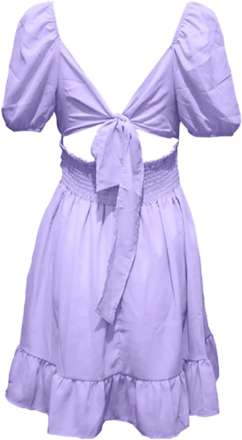 Women's Chiffon Tie Back Casual Dress Square Neck Short Puff Sleeve Dresses A Line Summer Beach Vacation Mini Sundress