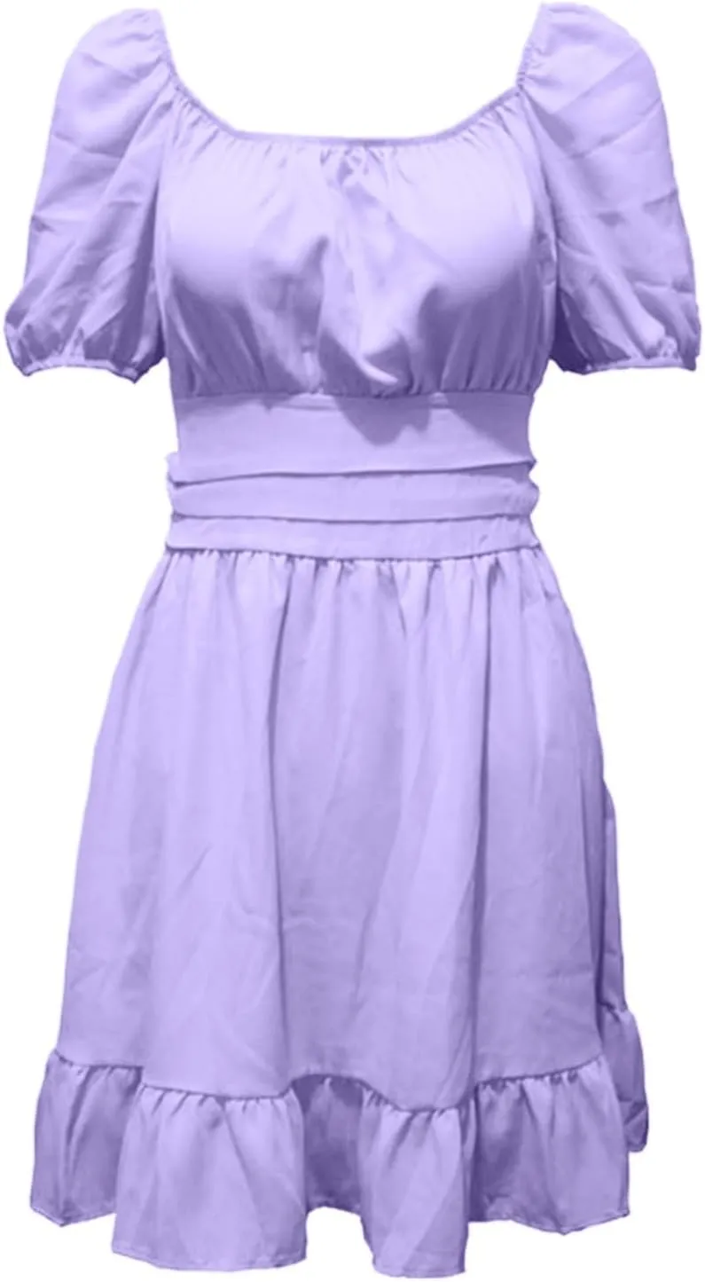 Women's Chiffon Tie Back Casual Dress Square Neck Short Puff Sleeve Dresses A Line Summer Beach Vacation Mini Sundress