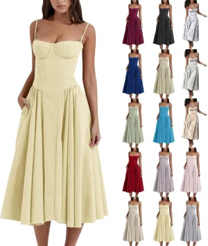 Womens Corset Dress Elegant Spaghetti Strap Bustier Midi Dress Flowy Pleated Hem Low Cut Prom Dresses with Pockets