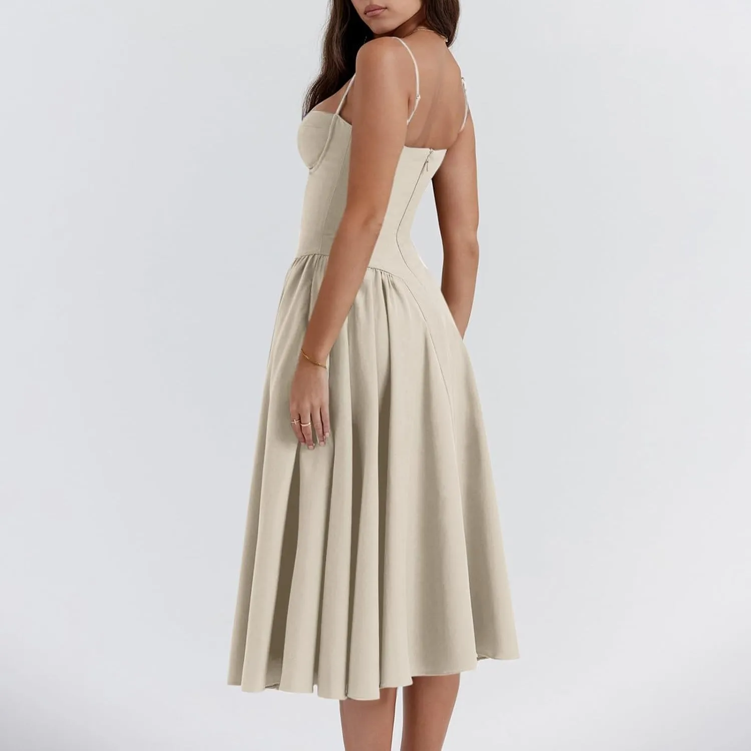 Womens Corset Dress Elegant Spaghetti Strap Bustier Midi Dress Flowy Pleated Hem Low Cut Prom Dresses with Pockets