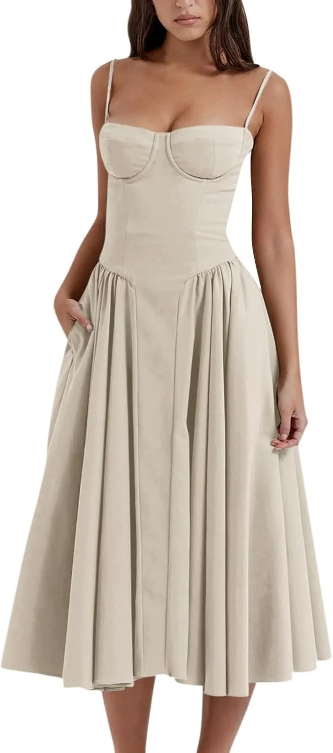 Womens Corset Dress Elegant Spaghetti Strap Bustier Midi Dress Flowy Pleated Hem Low Cut Prom Dresses with Pockets