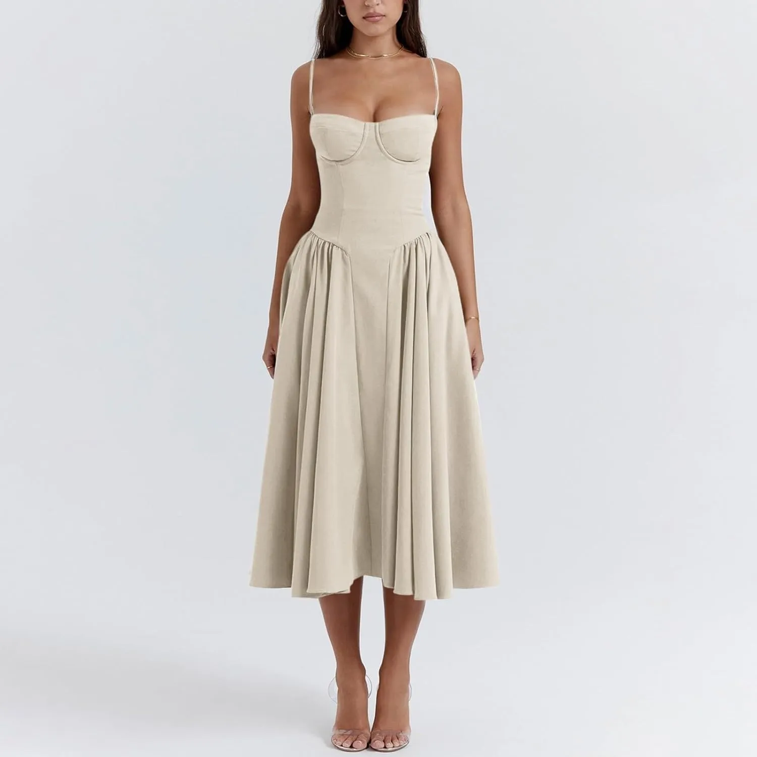 Womens Corset Dress Elegant Spaghetti Strap Bustier Midi Dress Flowy Pleated Hem Low Cut Prom Dresses with Pockets
