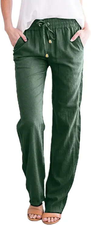 Womens Cotton Linen Casual Pants Straight Leg Drawstring Elastic High Waist Loose Comfy Palazzo Lounge Travel Cropped Trouser