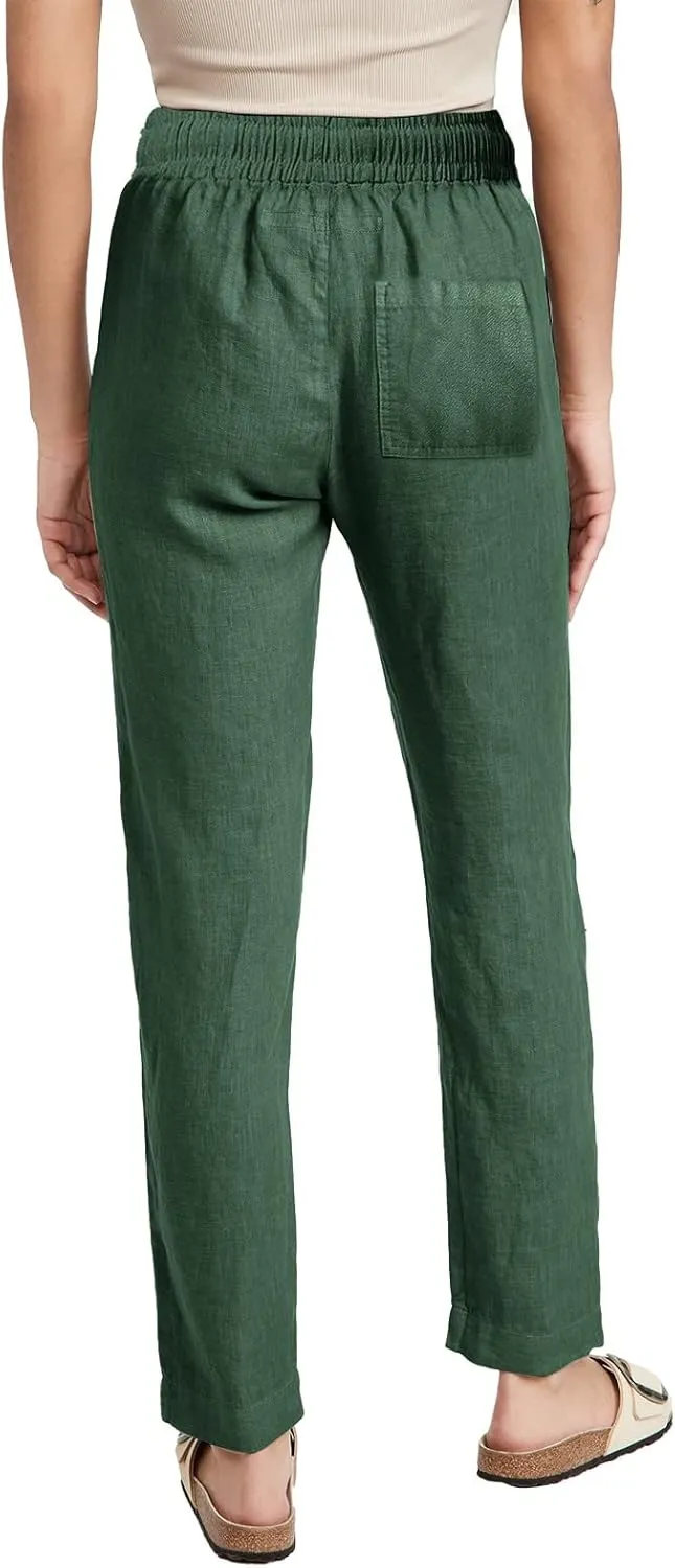 Womens Cotton Linen Casual Pants Straight Leg Drawstring Elastic High Waist Loose Comfy Palazzo Lounge Travel Cropped Trouser