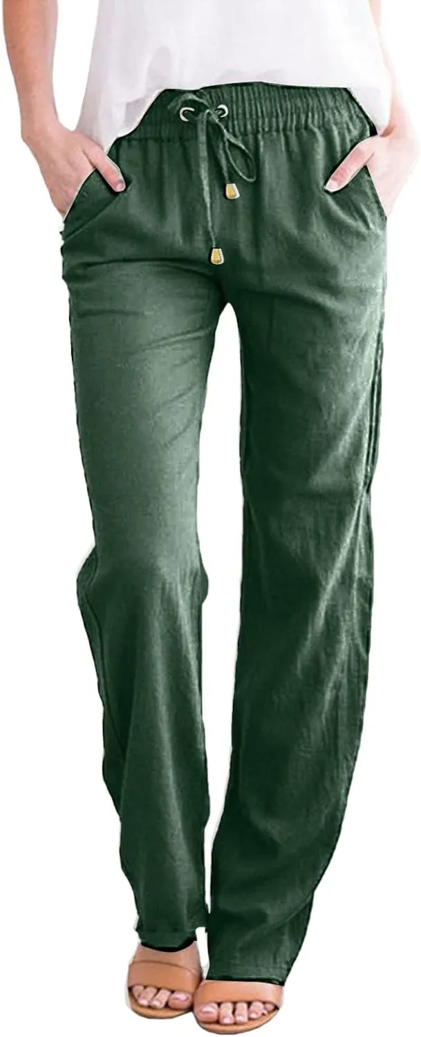 Womens Cotton Linen Casual Pants Straight Leg Drawstring Elastic High Waist Loose Comfy Palazzo Lounge Travel Cropped Trouser