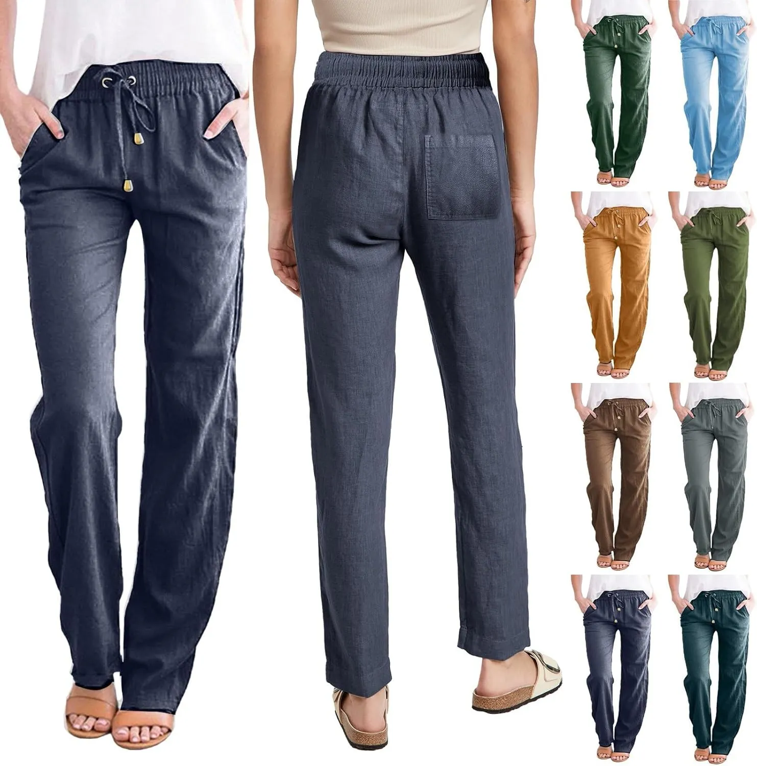 Womens Cotton Linen Casual Pants Straight Leg Drawstring Elastic High Waist Loose Comfy Palazzo Lounge Travel Cropped Trouser