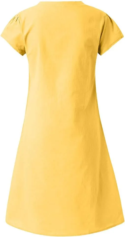 Womens Cotton Linen Midi Dress Short Sleeve V-Neck T-Shirt Summer Solid Color Dresses Plus Size Flowy Beach Dress