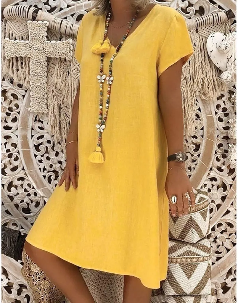 Womens Cotton Linen Midi Dress Short Sleeve V-Neck T-Shirt Summer Solid Color Dresses Plus Size Flowy Beach Dress
