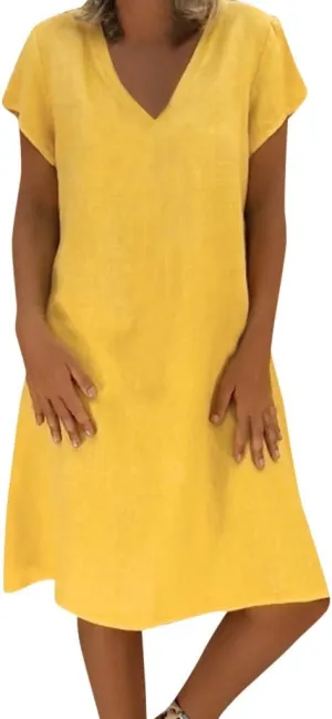Womens Cotton Linen Midi Dress Short Sleeve V-Neck T-Shirt Summer Solid Color Dresses Plus Size Flowy Beach Dress