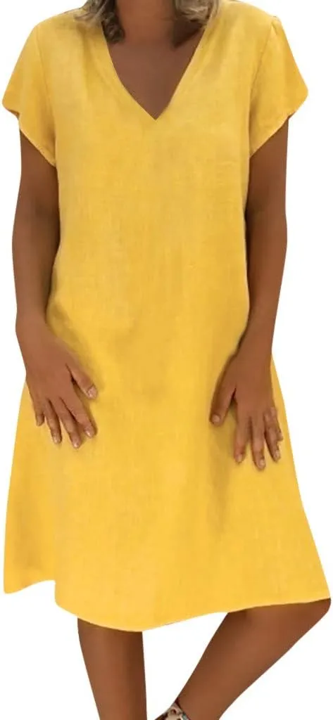 Womens Cotton Linen Midi Dress Short Sleeve V-Neck T-Shirt Summer Solid Color Dresses Plus Size Flowy Beach Dress