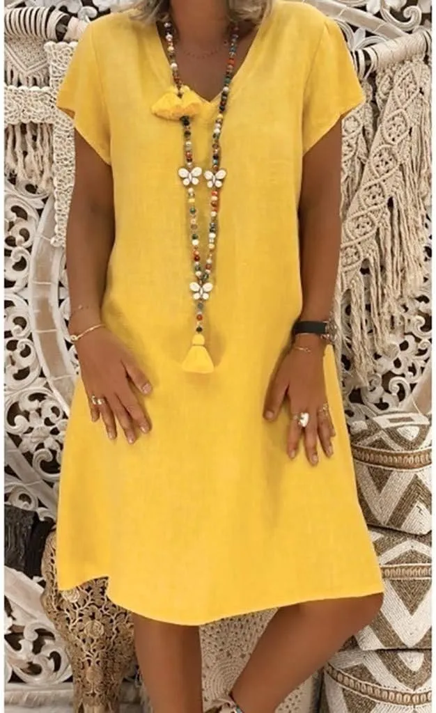 Womens Cotton Linen Midi Dress Short Sleeve V-Neck T-Shirt Summer Solid Color Dresses Plus Size Flowy Beach Dress