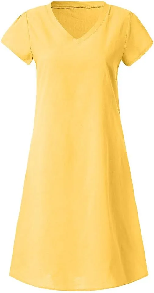 Womens Cotton Linen Midi Dress Short Sleeve V-Neck T-Shirt Summer Solid Color Dresses Plus Size Flowy Beach Dress