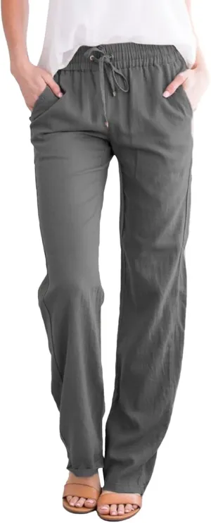 Women's Cotton Linen Summer Casual Pant Trousers Elastic Waist Baggy Stretchy Plus Size Pant Trousers Office