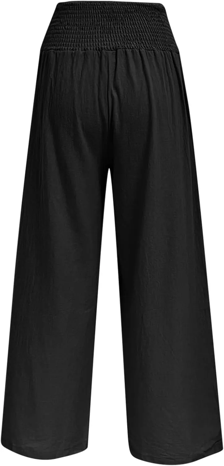 Women's Cotton Linen Summer Cropped Pant Trousers Elastic Waist Stretchy Straight Plus Size Pant Trousers Trendy