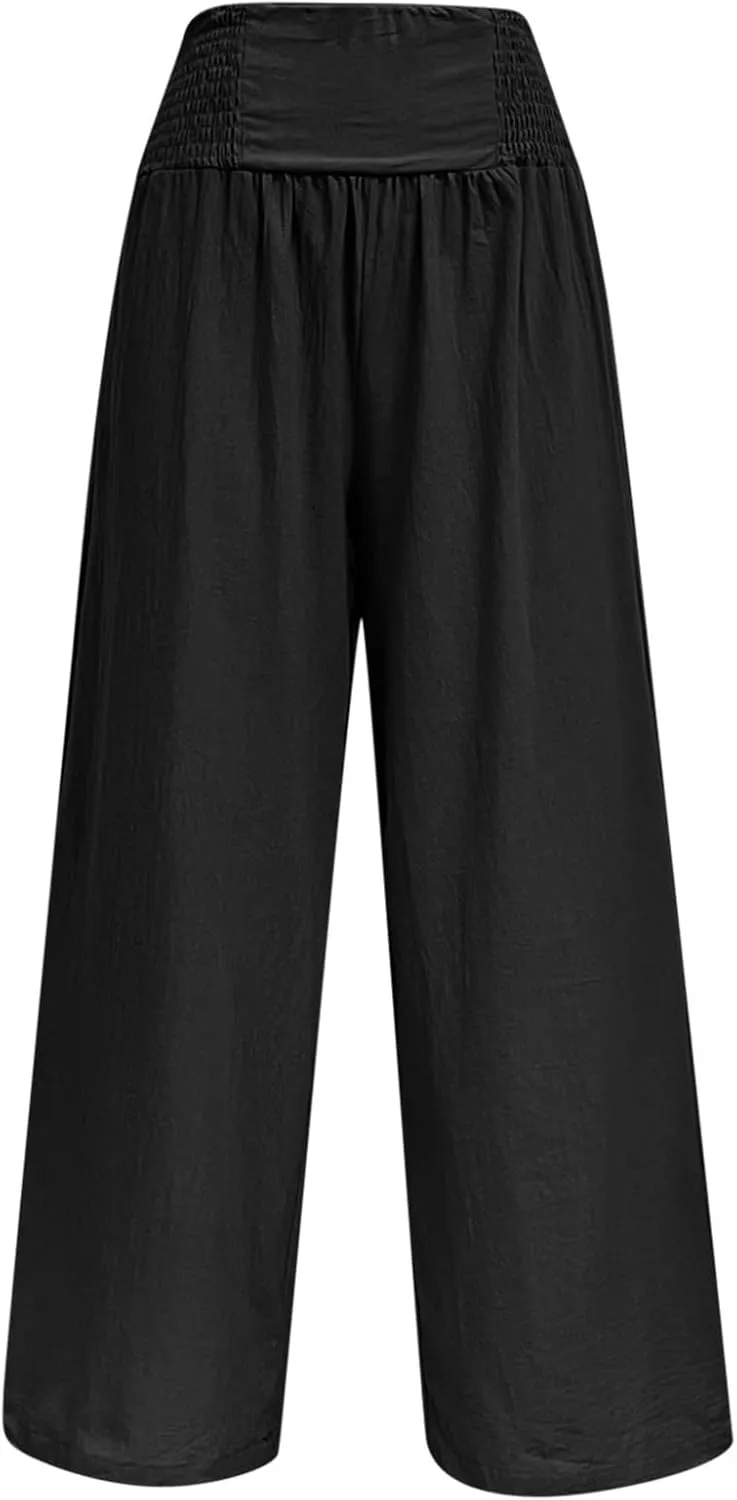 Women's Cotton Linen Summer Cropped Pant Trousers Elastic Waist Stretchy Straight Plus Size Pant Trousers Trendy