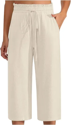 Women's Cotton Linen Summer Flowy Palazzo Pants Elastic Waisted Lounge Pants Slim Fit Palazzo Lounge Pants Vacation