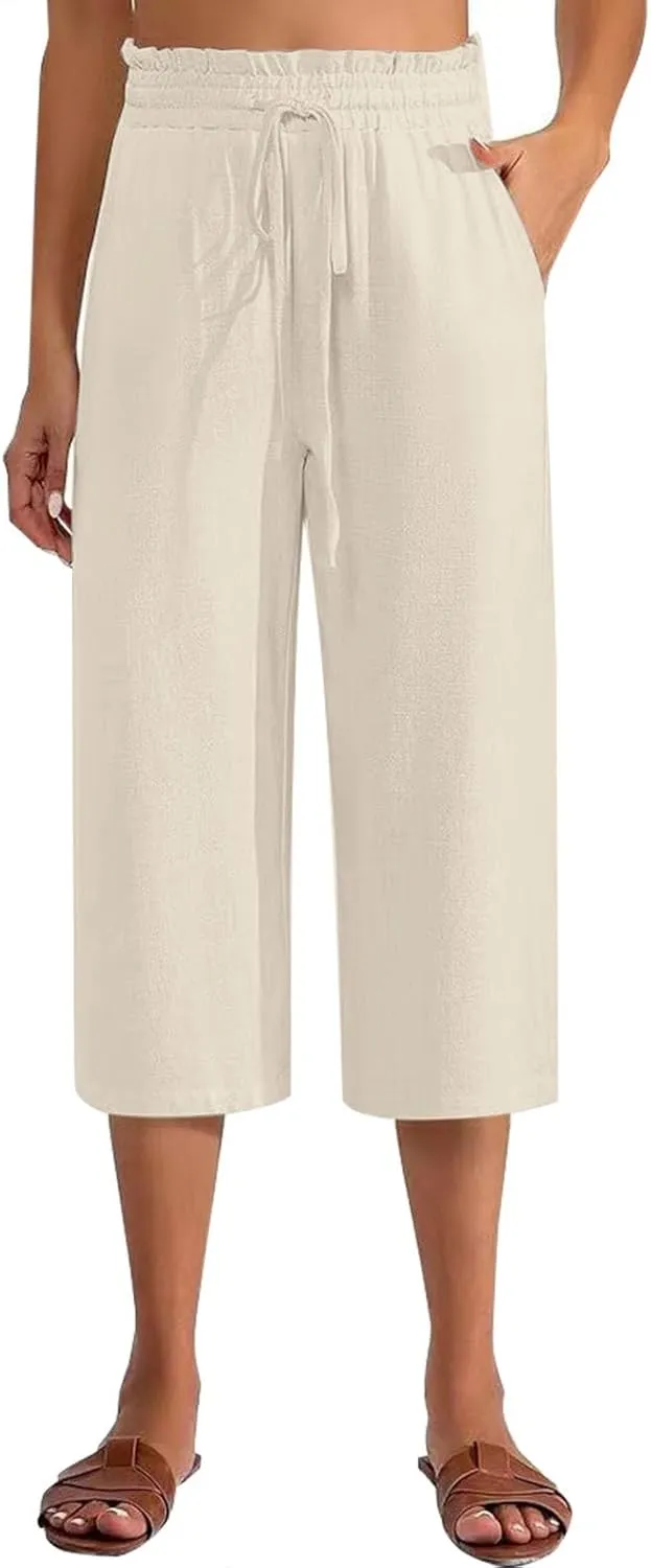 Women's Cotton Linen Summer Flowy Palazzo Pants Elastic Waisted Lounge Pants Slim Fit Palazzo Lounge Pants Vacation