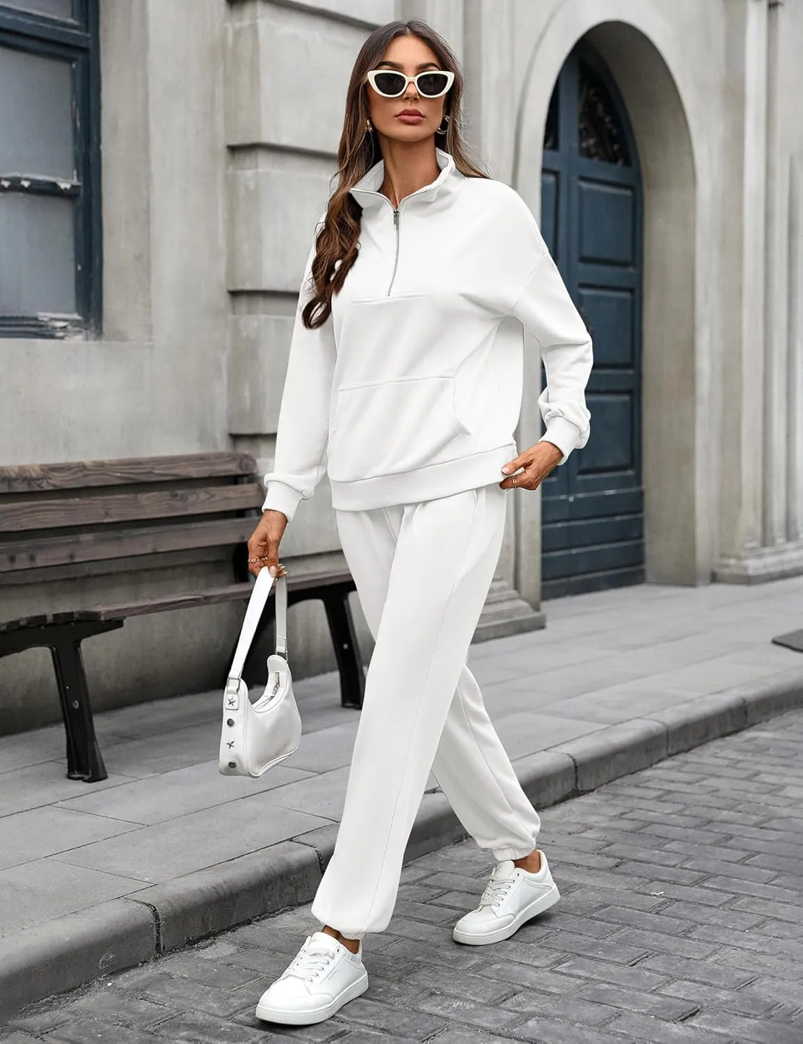 Women's Cozy 2 Piece Outfits Lounge Sets Long Sleeve Half Zip Sweatshirt Tops Jogger Sweatpants Sweats Track Suits Set