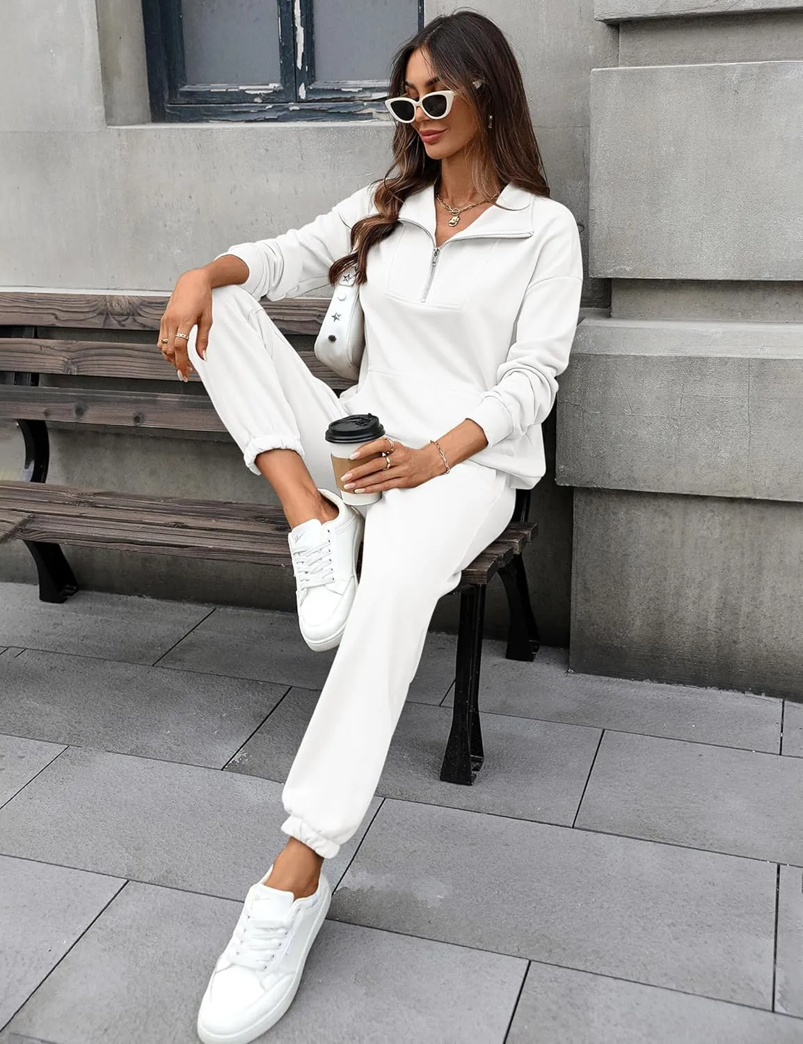 Women's Cozy 2 Piece Outfits Lounge Sets Long Sleeve Half Zip Sweatshirt Tops Jogger Sweatpants Sweats Track Suits Set