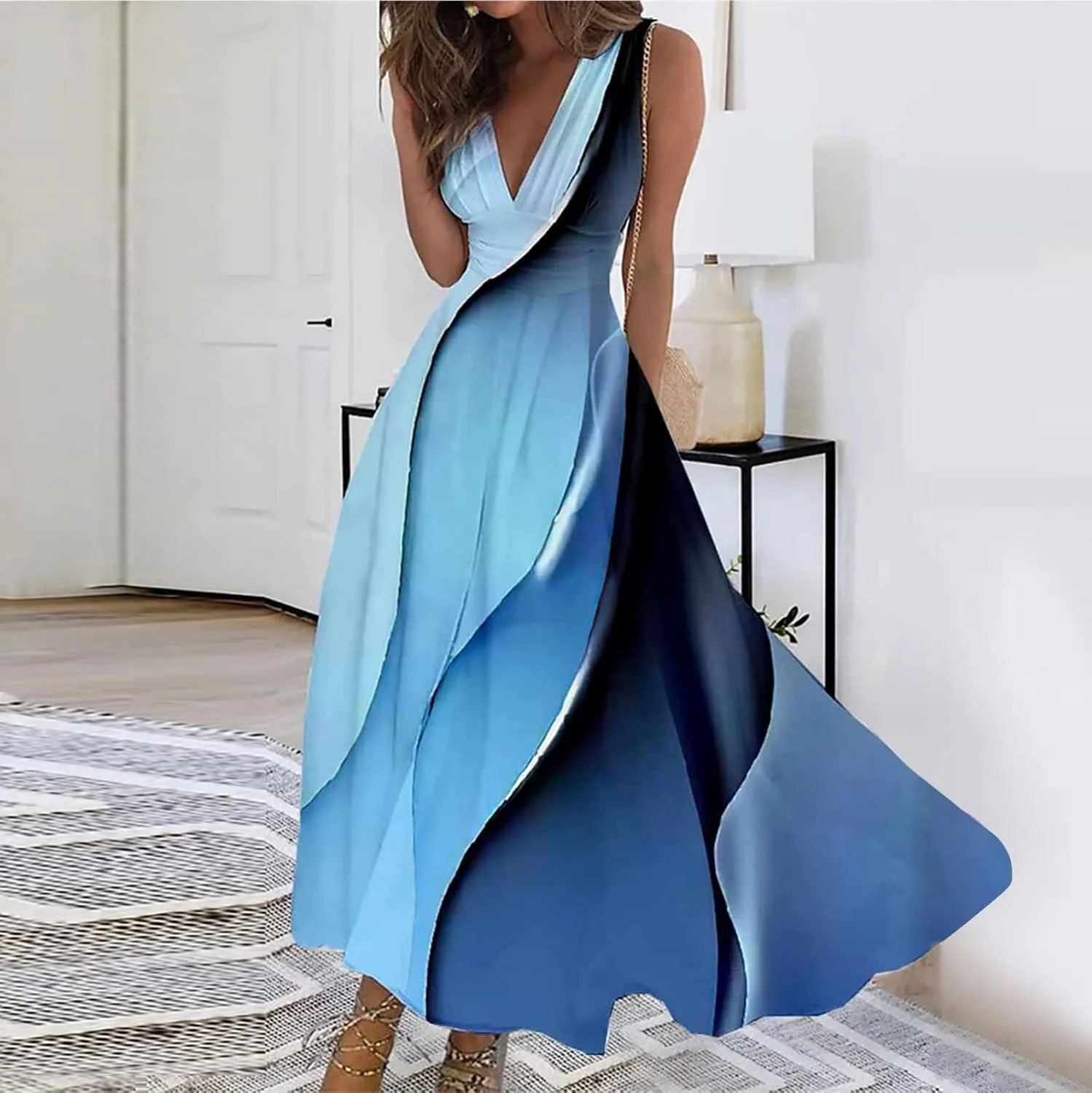 Womens Dresses Flowy Ruched Floral Print Boho Dress Wrap V Neck Sleeveless Sundress Elegant Beach Dresses