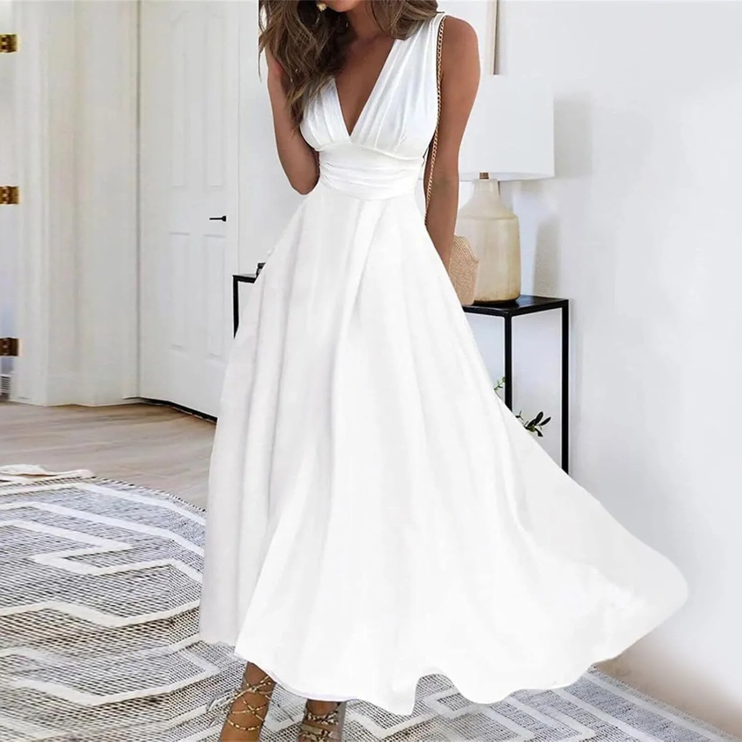 Womens Dresses Sleeveless Floral Print Maxi Dress Flowy Ruched Wrap V Neck Beach Dresses Trendy Sundress