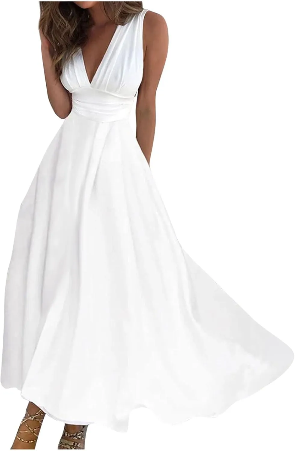 Womens Dresses Sleeveless Floral Print Maxi Dress Flowy Ruched Wrap V Neck Beach Dresses Trendy Sundress