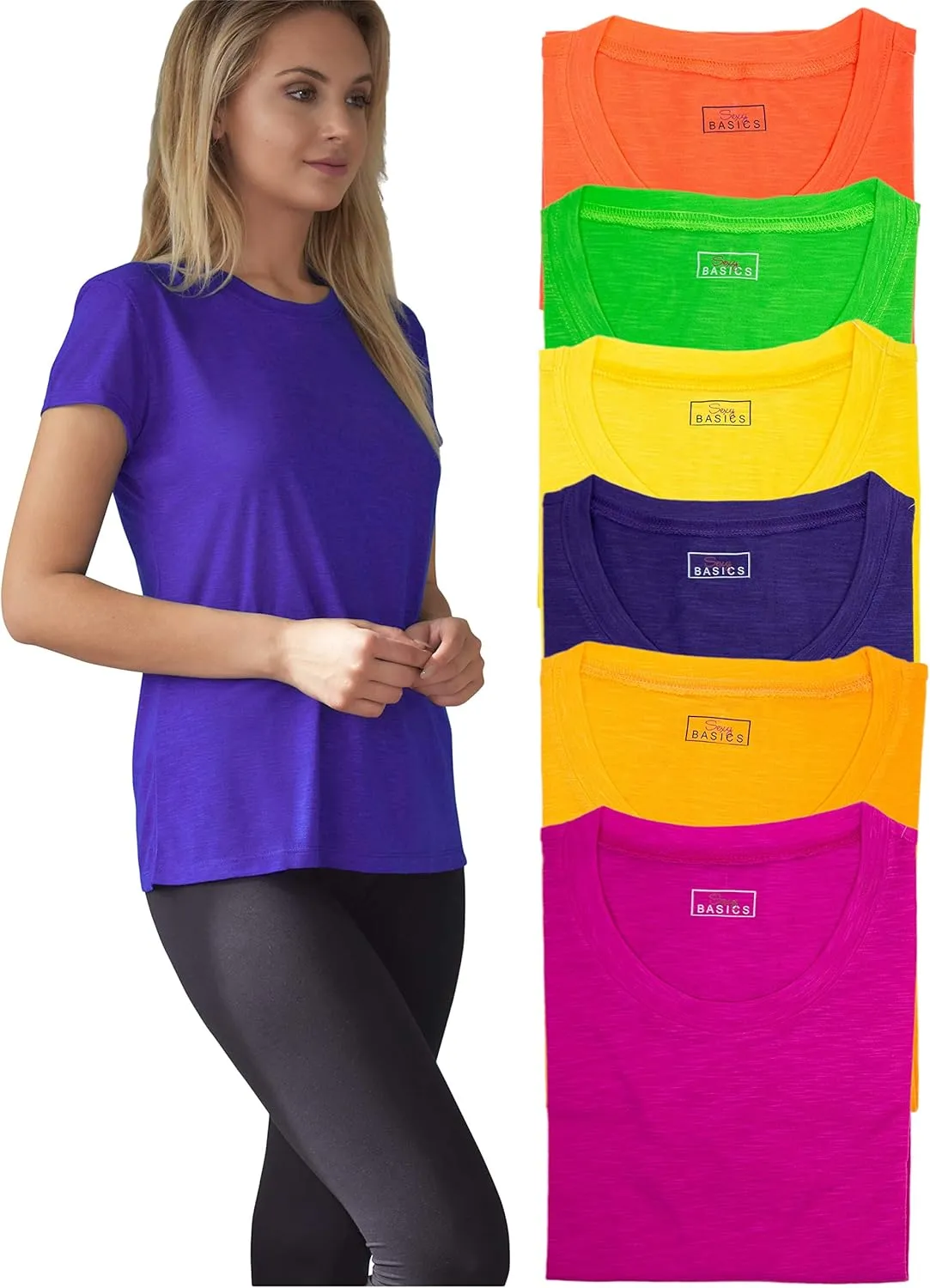 Women's Everyday Flowy Slub Burnout Active Casual Workout Crew T Shirt Tops | Multi Packs & Colors