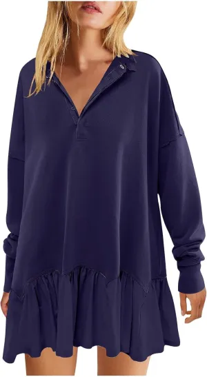 Womens Fall Midi Dresses 2024 Oversized Sweatshirts Long Sleeve Crewneck Pleated Pullover Mini Dress Fall Outfits