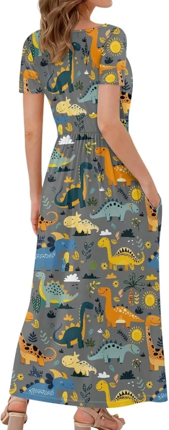 Women's Fall Summer Short Sleeve Ankle Length V-Neck Party Dress with Pockets Size S-3XL