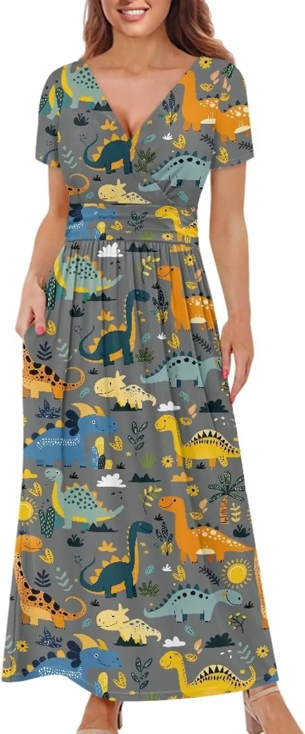 Women's Fall Summer Short Sleeve Ankle Length V-Neck Party Dress with Pockets Size S-3XL