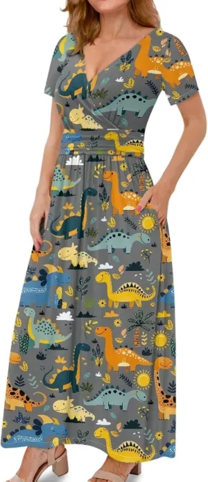 Women's Fall Summer Short Sleeve Ankle Length V-Neck Party Dress with Pockets Size S-3XL