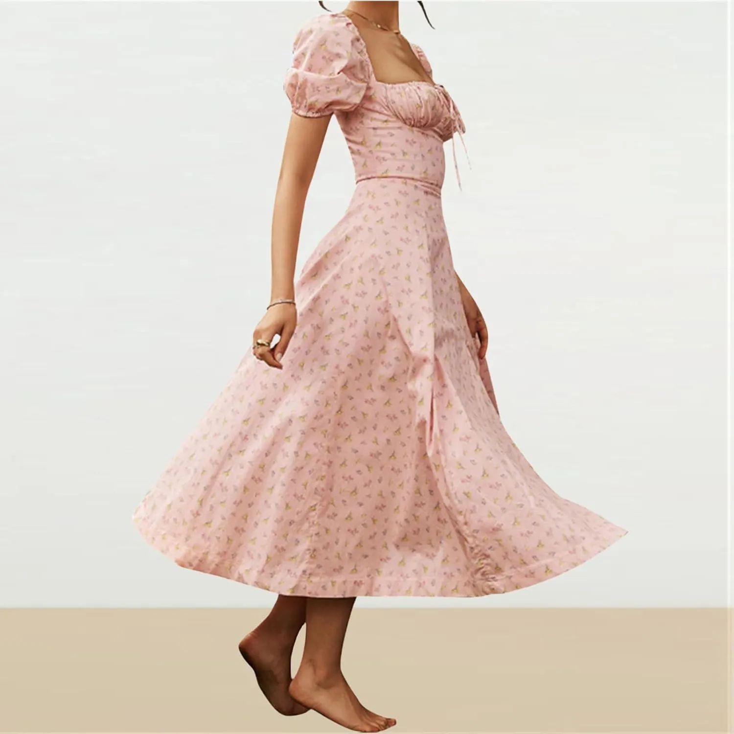 Women's Floral Dresses Summer Casual Square Neck Puff Sleeve Midi Dresses Ruched High Waist Split Long Beach Dress