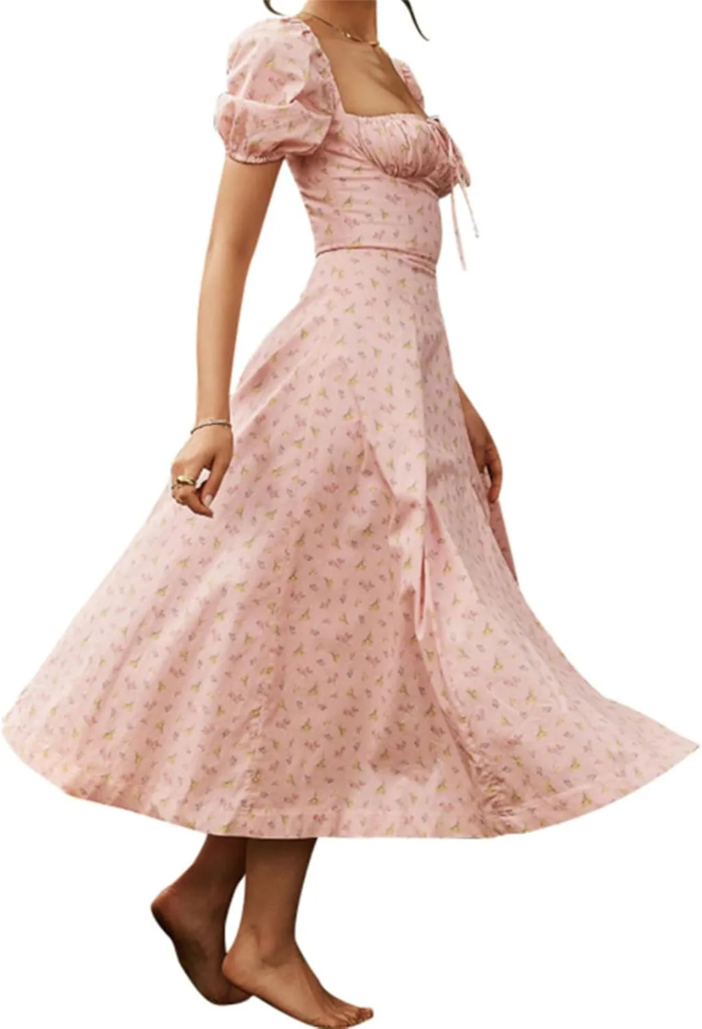 Women's Floral Dresses Summer Casual Square Neck Puff Sleeve Midi Dresses Ruched High Waist Split Long Beach Dress