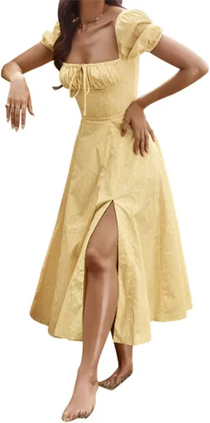 Women's Floral Dresses Summer Casual Square Neck Puff Sleeve Midi Dresses Ruched High Waist Split Long Beach Dress