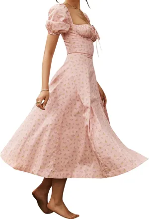 Women's Floral Dresses Summer Casual Square Neck Puff Sleeve Midi Dresses Ruched High Waist Split Long Beach Dress