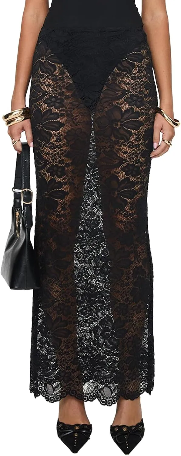 Women's Floral Lace Long Skirts Elastic Waist See-Through Skinny Maxi Skirts Sexy Sheer Flowy Beach Skirt Streetwear