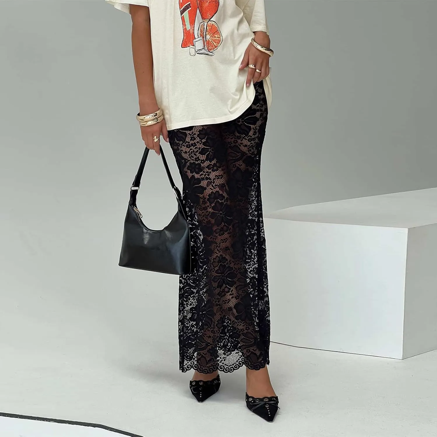 Women's Floral Lace Long Skirts Elastic Waist See-Through Skinny Maxi Skirts Sexy Sheer Flowy Beach Skirt Streetwear