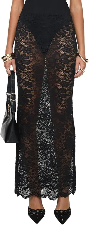Women's Floral Lace Long Skirts Elastic Waist See-Through Skinny Maxi Skirts Sexy Sheer Flowy Beach Skirt Streetwear