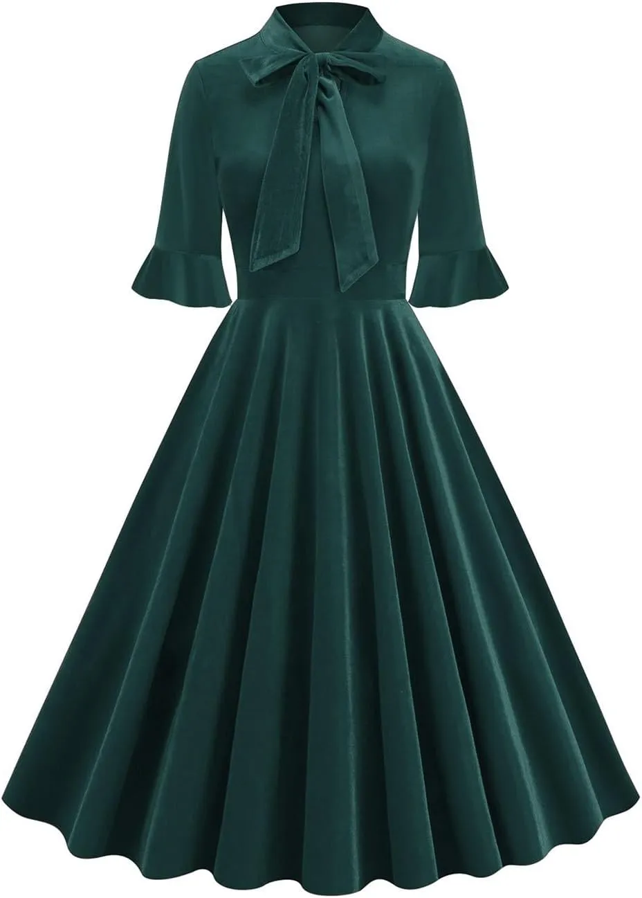 Women's Formal Velvet Ruffle Pleated Tie Neck Wrap Evening Cocktail Party Dress Dressy Short Sleeve Flowy Midi Dress