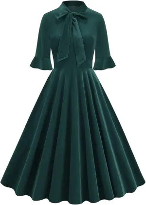 Women's Formal Velvet Ruffle Pleated Tie Neck Wrap Evening Cocktail Party Dress Dressy Short Sleeve Flowy Midi Dress