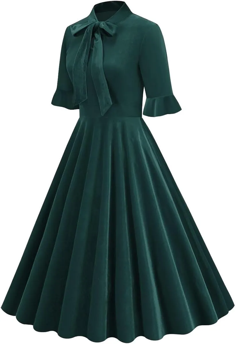 Women's Formal Velvet Ruffle Pleated Tie Neck Wrap Evening Cocktail Party Dress Dressy Short Sleeve Flowy Midi Dress