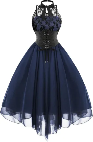 Women's Gothic Dress Square Neck Sleeveless Ruffle Steampunk Costume Victorian Outfit Halloween Masquerade Dresses