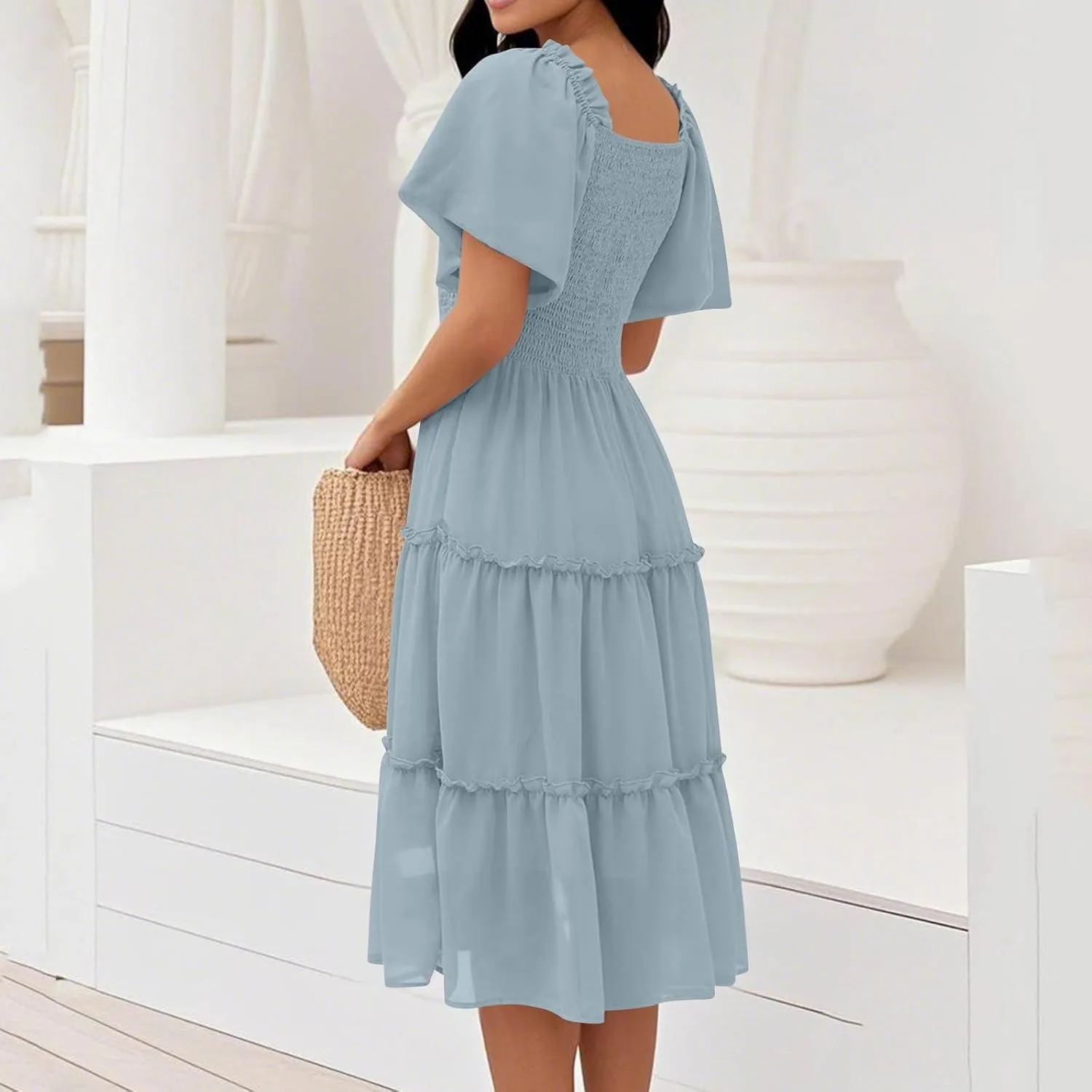 Women's Graduation Summer Smocked Flutter Sleeve Square Neck Modest Tiered Midi Dress