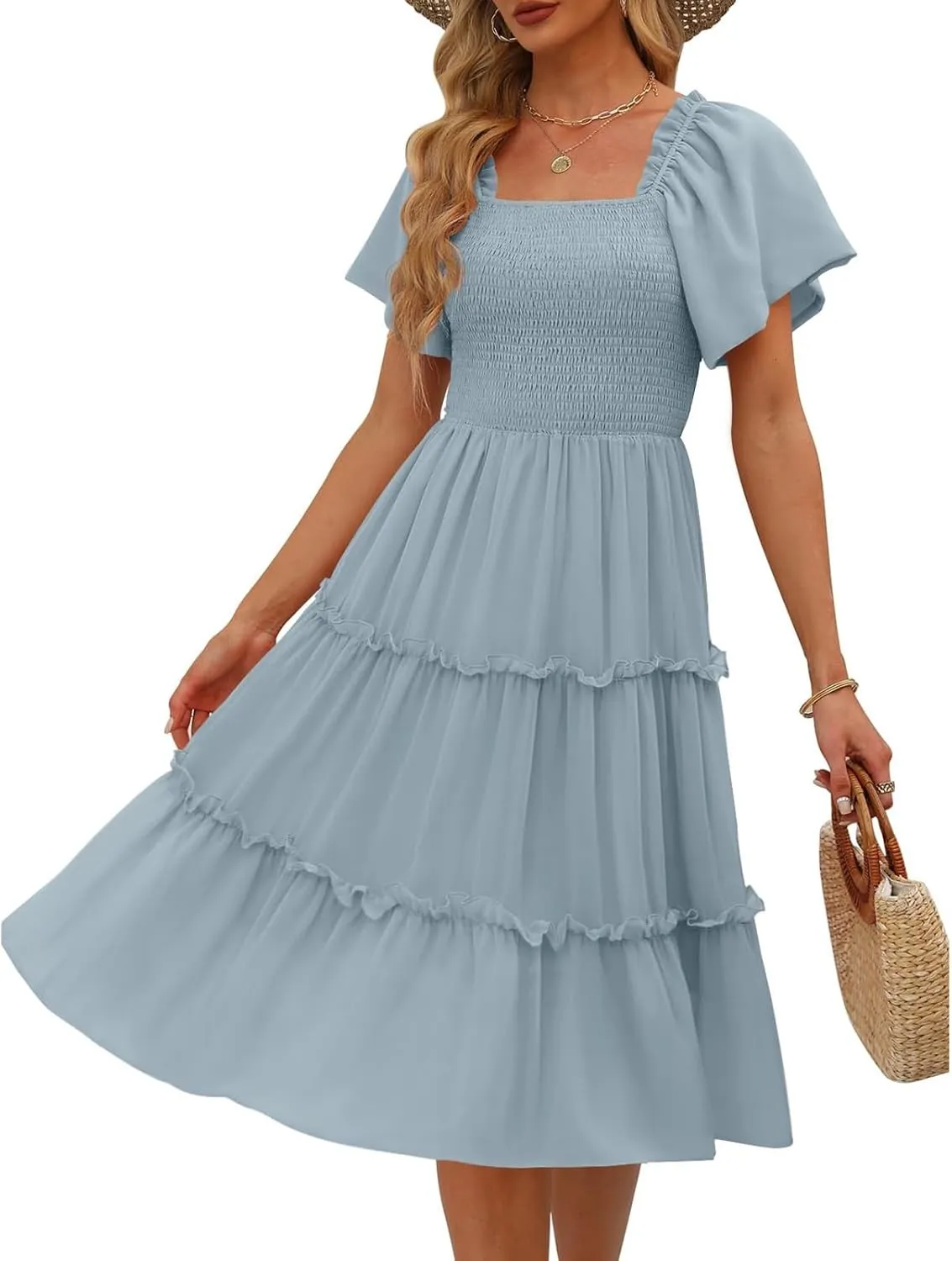 Women's Graduation Summer Smocked Flutter Sleeve Square Neck Modest Tiered Midi Dress
