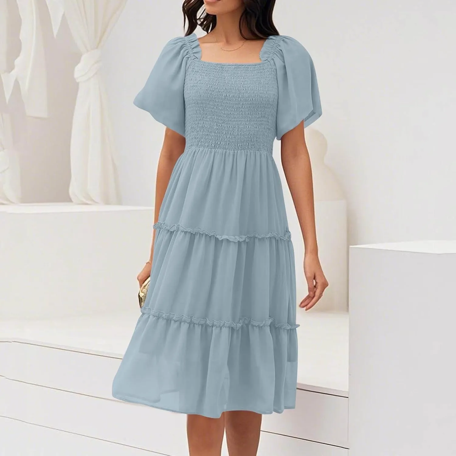 Women's Graduation Summer Smocked Flutter Sleeve Square Neck Modest Tiered Midi Dress
