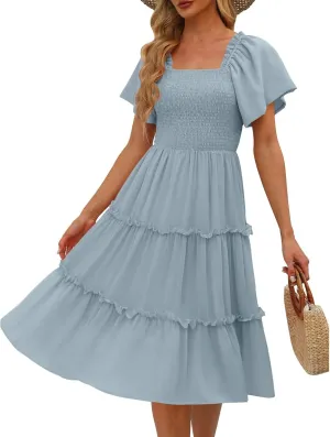 Women's Graduation Summer Smocked Flutter Sleeve Square Neck Modest Tiered Midi Dress